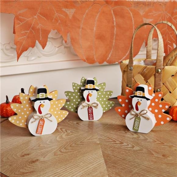 Thanksgiving Fall Decorations, Set of 3 Tabletop Turkey Decor Wood Table Sign - Picture 5 of 7